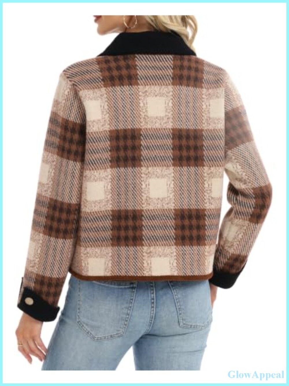 Vintage Plaid Long Sleeve Cardigan Sweater Coat with Pockets Women Knit Button - Picture 2 of 6